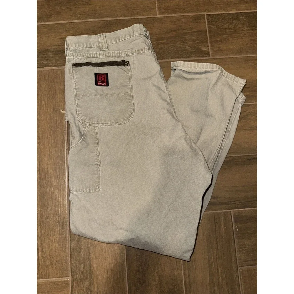 Mens wrangler riggs workwear pants Ripstop Carpenter 42x34 Khaki EUC